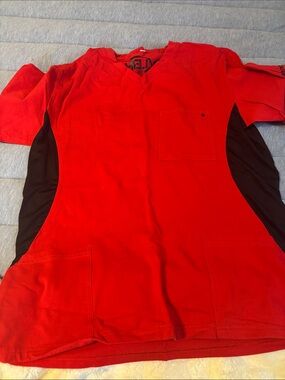 Benefit Red V-Neck Tee with Black Logo